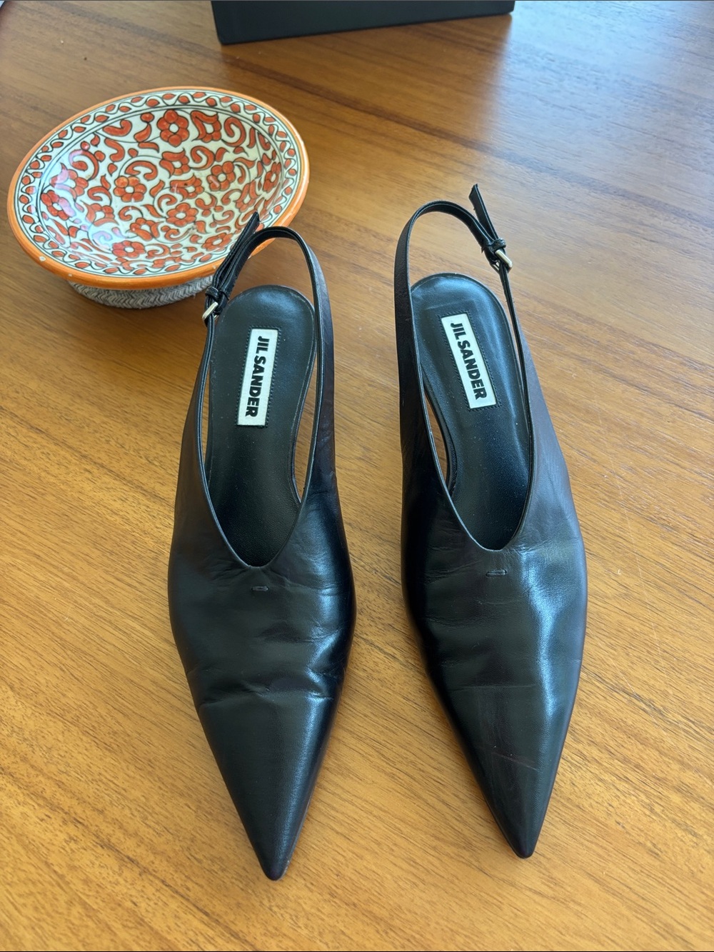 Jil Sander Black Leather Pointed Slingback Heels